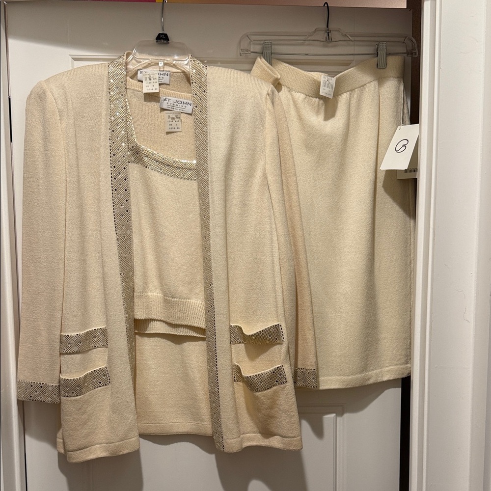 Vintage St. John Evening Ivory Cardigan and Skirt Set with Metallic Details